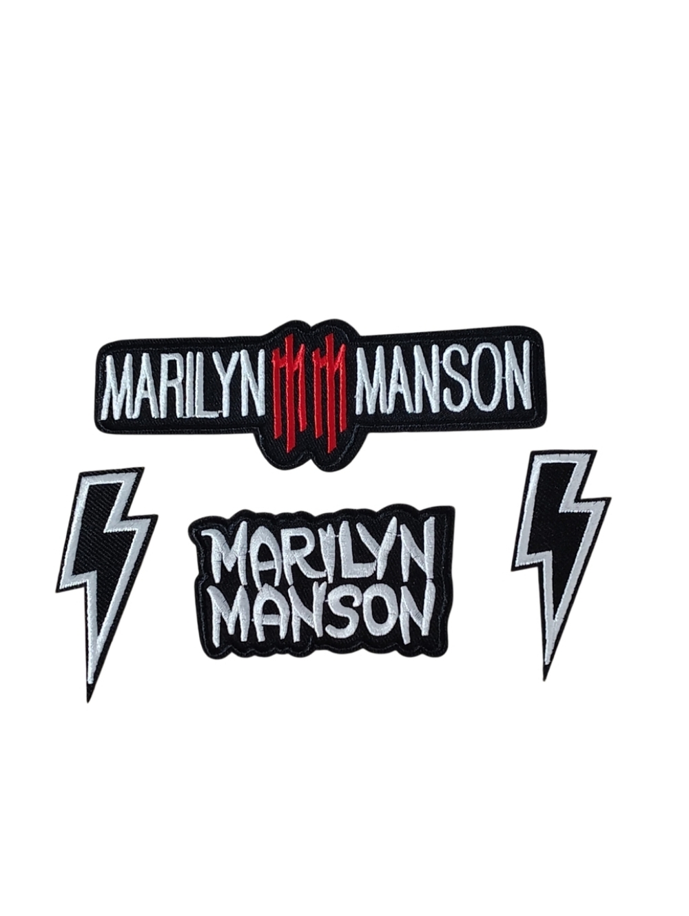 2 Marilyn Manson Iron On Patches and 2 Lightning Bolt Patches